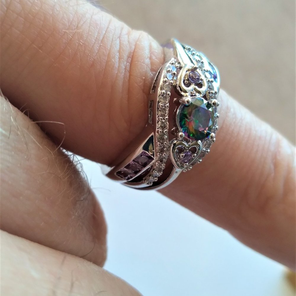 Created rainbow topaz silver plated ring with amethyst and cubic zirconia